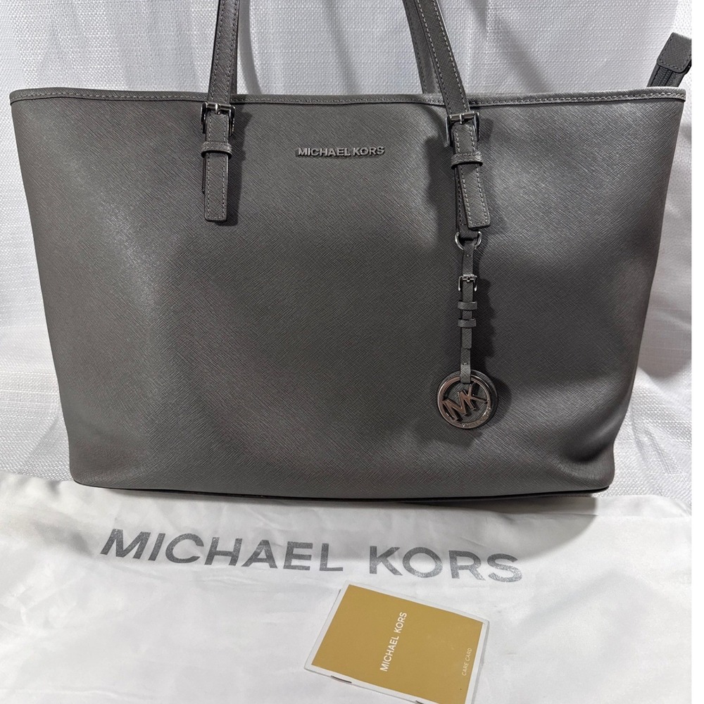 Michael Kors Jet Set Travel Tote Bag Grey Saffiano Leather Silver Hardware Large
